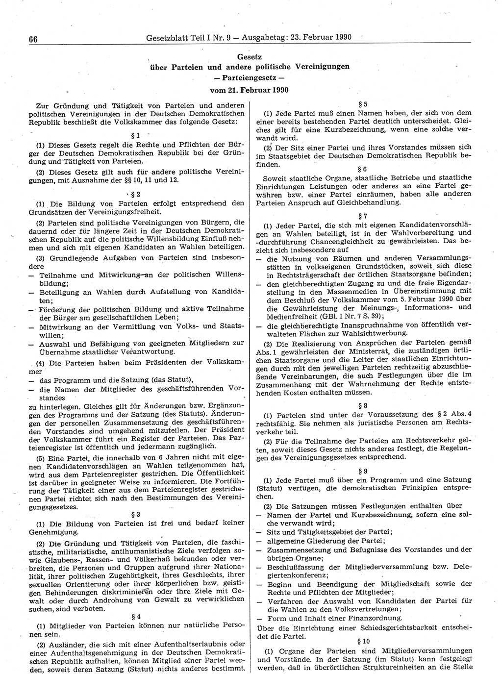 Gesetzblatt (GBl.) der Deutschen Demokratischen Republik (DDR) Teil Ⅰ 1990, Seite 66 (GBl. DDR Ⅰ 1990, S. 66)