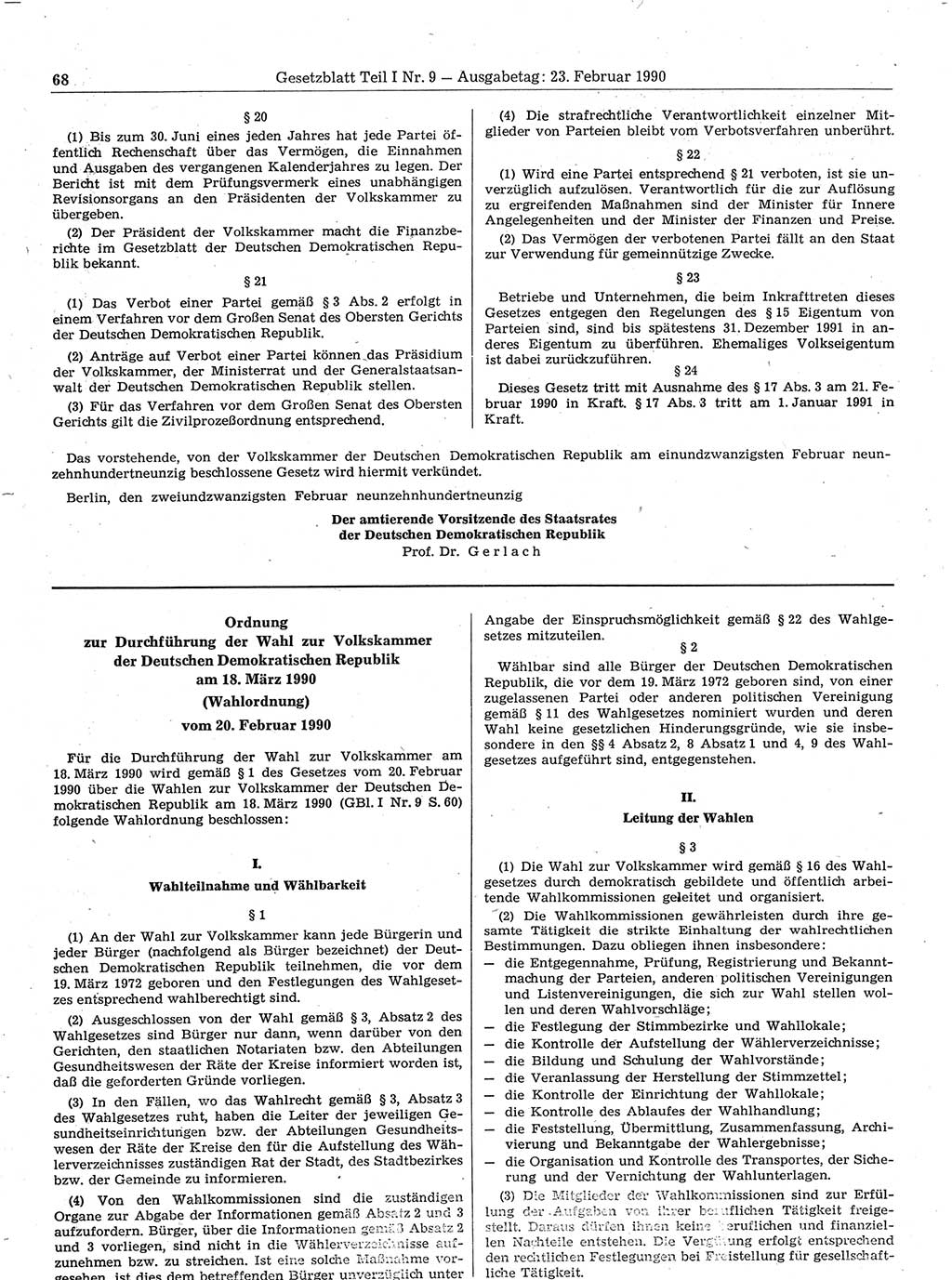 Gesetzblatt (GBl.) der Deutschen Demokratischen Republik (DDR) Teil Ⅰ 1990, Seite 68 (GBl. DDR Ⅰ 1990, S. 68)