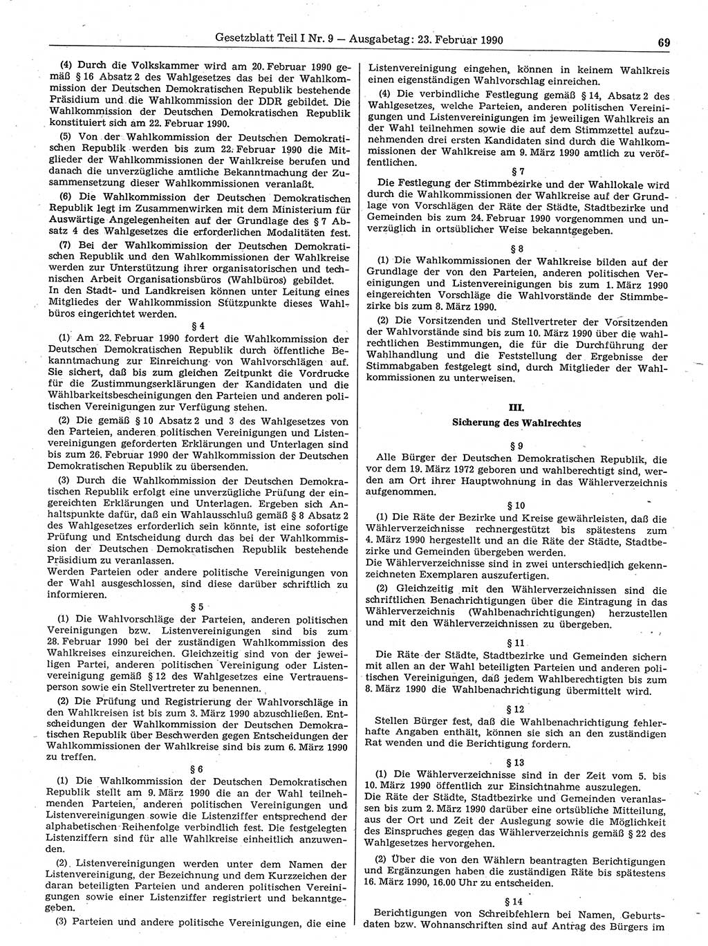 Gesetzblatt (GBl.) der Deutschen Demokratischen Republik (DDR) Teil Ⅰ 1990, Seite 69 (GBl. DDR Ⅰ 1990, S. 69)