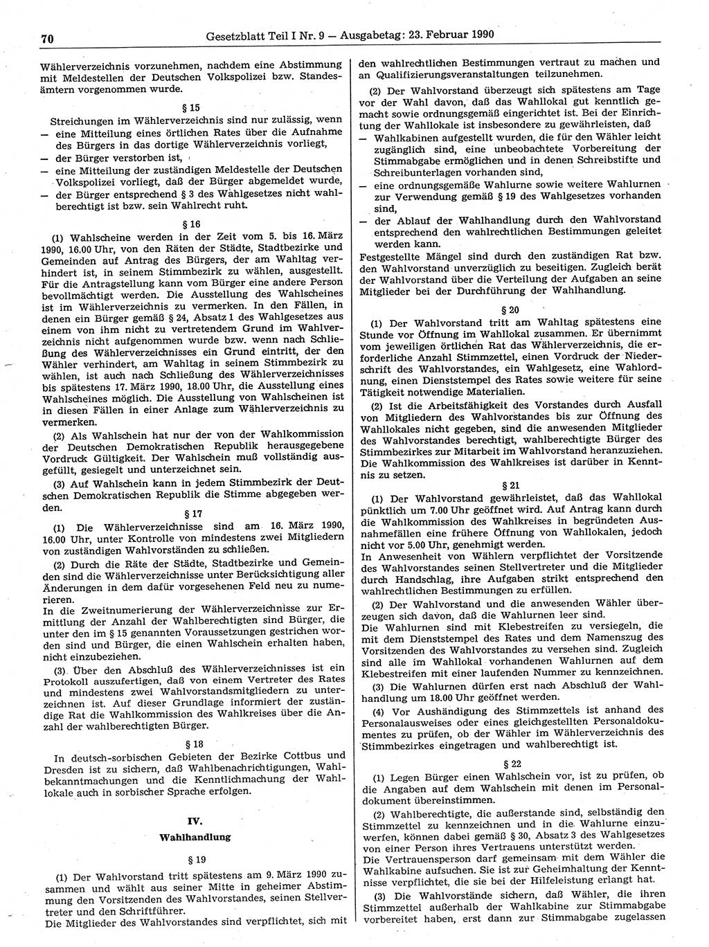 Gesetzblatt (GBl.) der Deutschen Demokratischen Republik (DDR) Teil Ⅰ 1990, Seite 70 (GBl. DDR Ⅰ 1990, S. 70)