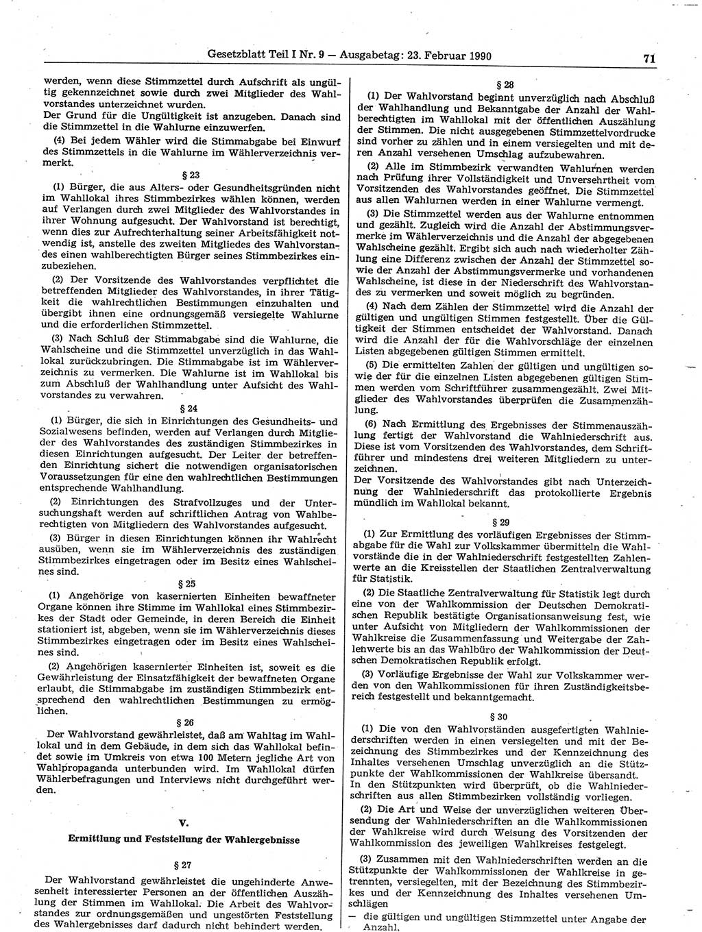 Gesetzblatt (GBl.) der Deutschen Demokratischen Republik (DDR) Teil Ⅰ 1990, Seite 71 (GBl. DDR Ⅰ 1990, S. 71)