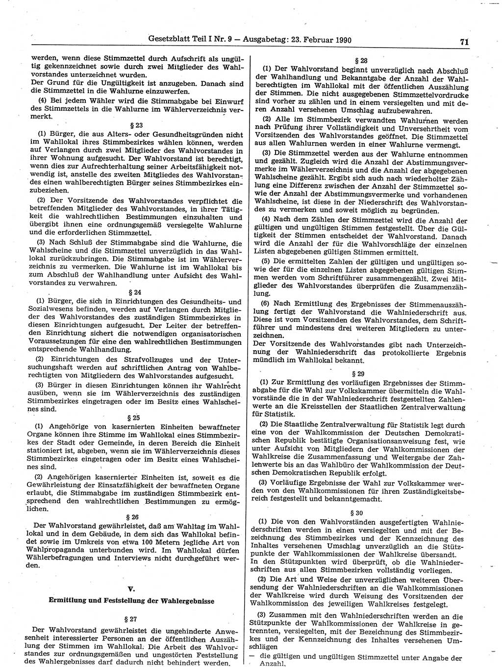 Gesetzblatt (GBl.) der Deutschen Demokratischen Republik (DDR) Teil Ⅰ 1990, Seite 71 (GBl. DDR Ⅰ 1990, S. 71)
