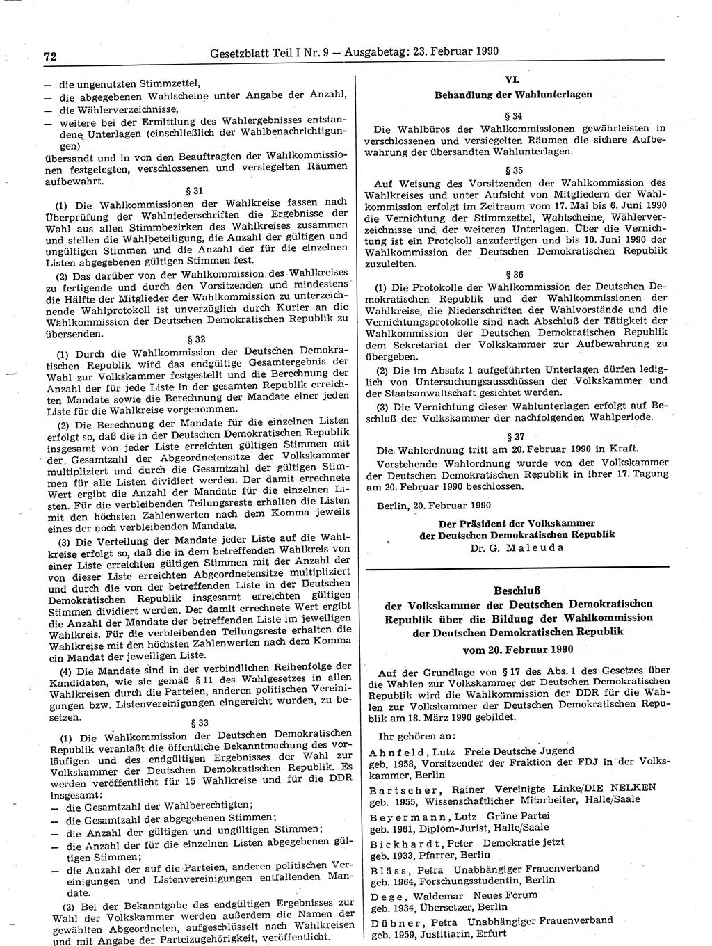 Gesetzblatt (GBl.) der Deutschen Demokratischen Republik (DDR) Teil Ⅰ 1990, Seite 72 (GBl. DDR Ⅰ 1990, S. 72)