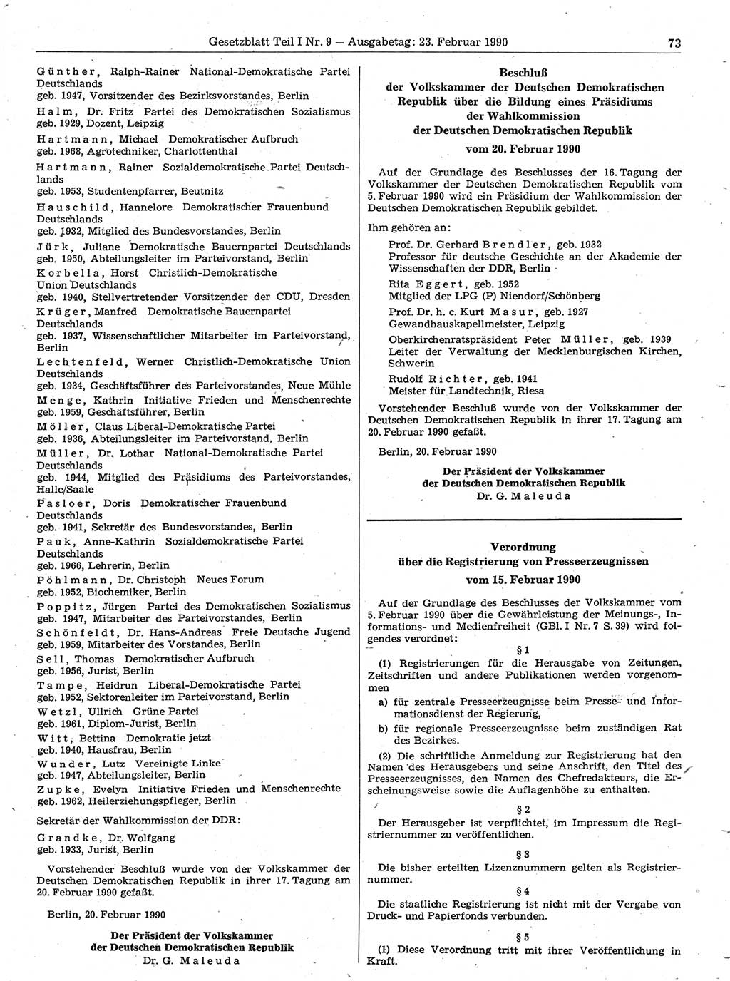 Gesetzblatt (GBl.) der Deutschen Demokratischen Republik (DDR) Teil Ⅰ 1990, Seite 73 (GBl. DDR Ⅰ 1990, S. 73)