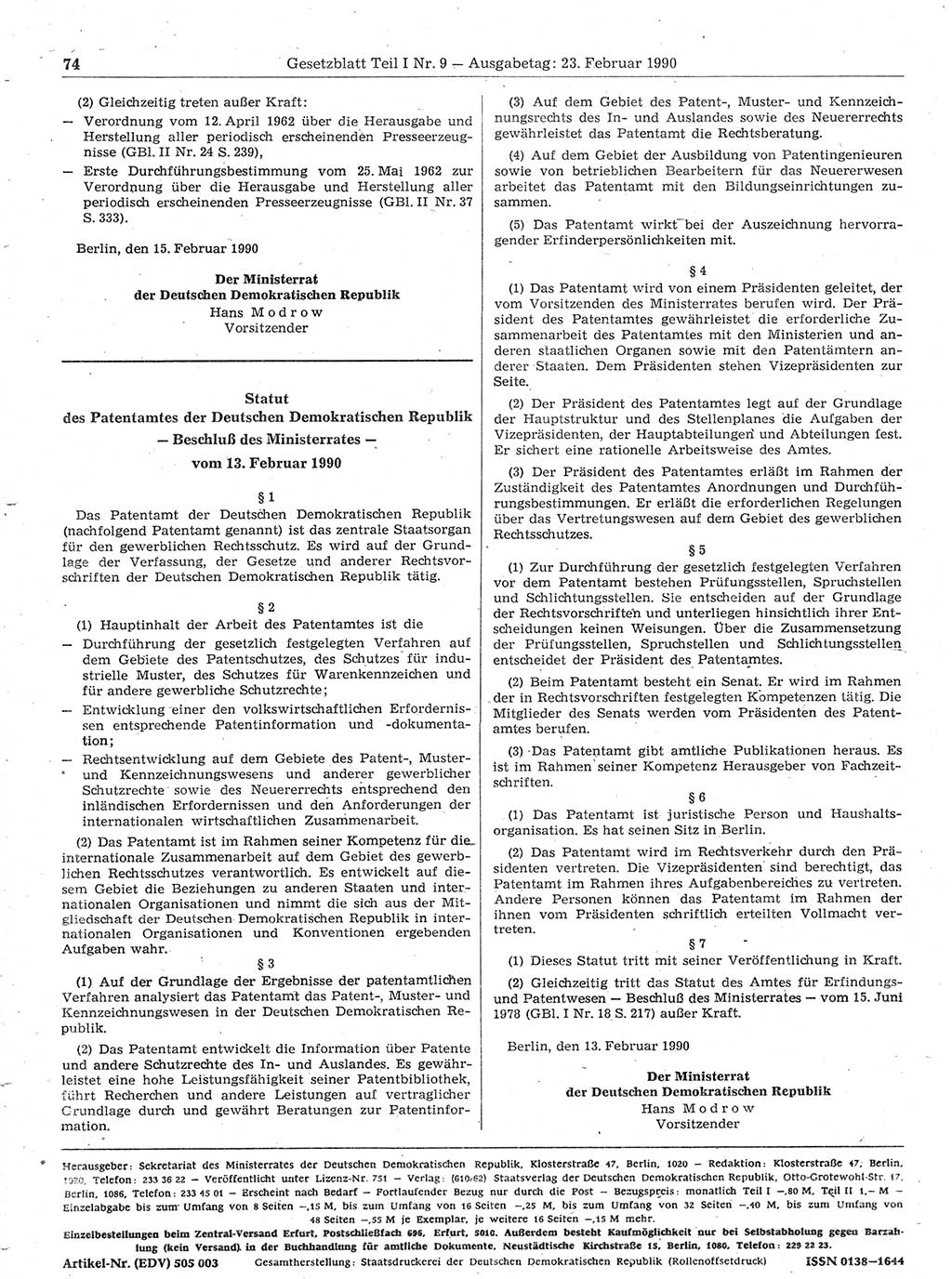 Gesetzblatt (GBl.) der Deutschen Demokratischen Republik (DDR) Teil Ⅰ 1990, Seite 74 (GBl. DDR Ⅰ 1990, S. 74)
