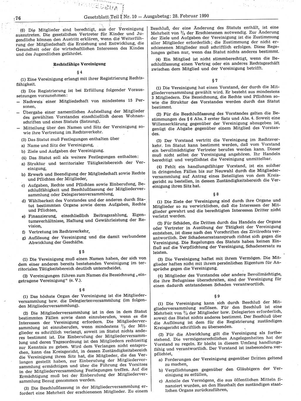 Gesetzblatt (GBl.) der Deutschen Demokratischen Republik (DDR) Teil Ⅰ 1990, Seite 76 (GBl. DDR Ⅰ 1990, S. 76)