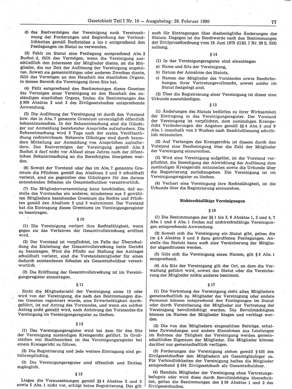 Gesetzblatt (GBl.) der Deutschen Demokratischen Republik (DDR) Teil Ⅰ 1990, Seite 77 (GBl. DDR Ⅰ 1990, S. 77)
