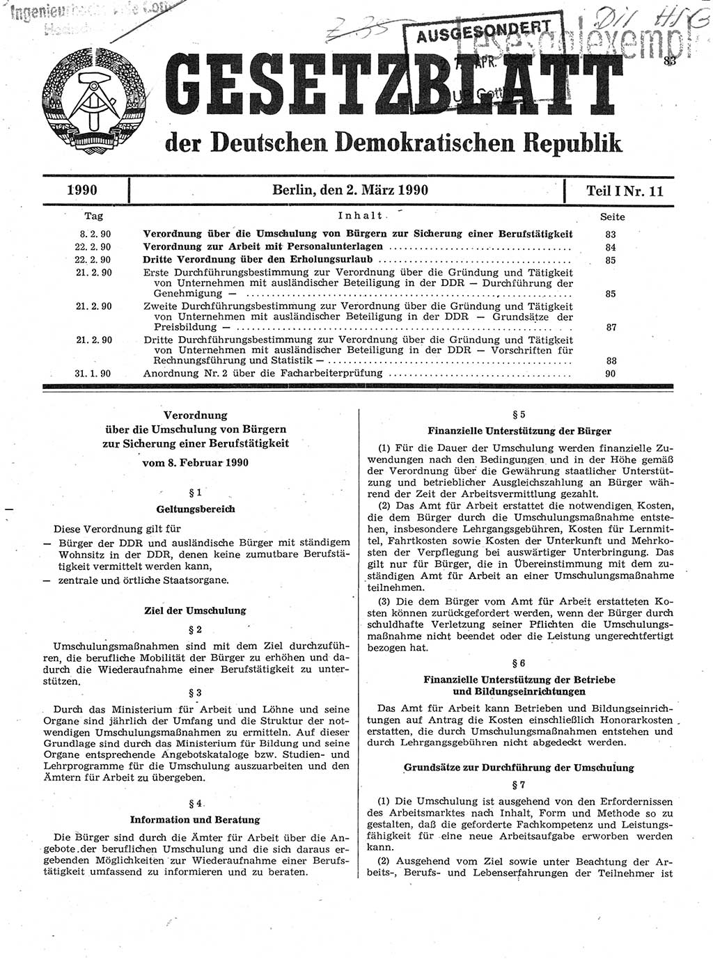 Gesetzblatt (GBl.) der Deutschen Demokratischen Republik (DDR) Teil Ⅰ 1990, Seite 83 (GBl. DDR Ⅰ 1990, S. 83)