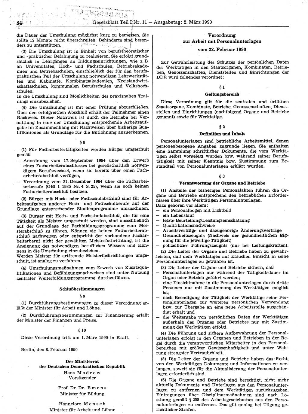 Gesetzblatt (GBl.) der Deutschen Demokratischen Republik (DDR) Teil Ⅰ 1990, Seite 84 (GBl. DDR Ⅰ 1990, S. 84)