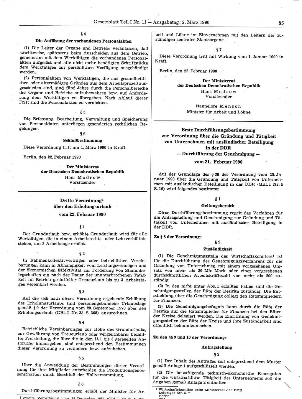 Gesetzblatt (GBl.) der Deutschen Demokratischen Republik (DDR) Teil Ⅰ 1990, Seite 85 (GBl. DDR Ⅰ 1990, S. 85)