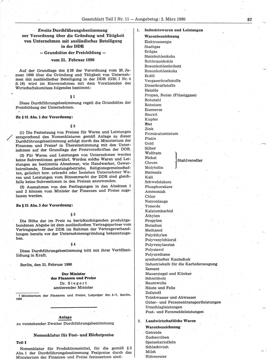 Gesetzblatt (GBl.) der Deutschen Demokratischen Republik (DDR) Teil Ⅰ 1990, Seite 87 (GBl. DDR Ⅰ 1990, S. 87)