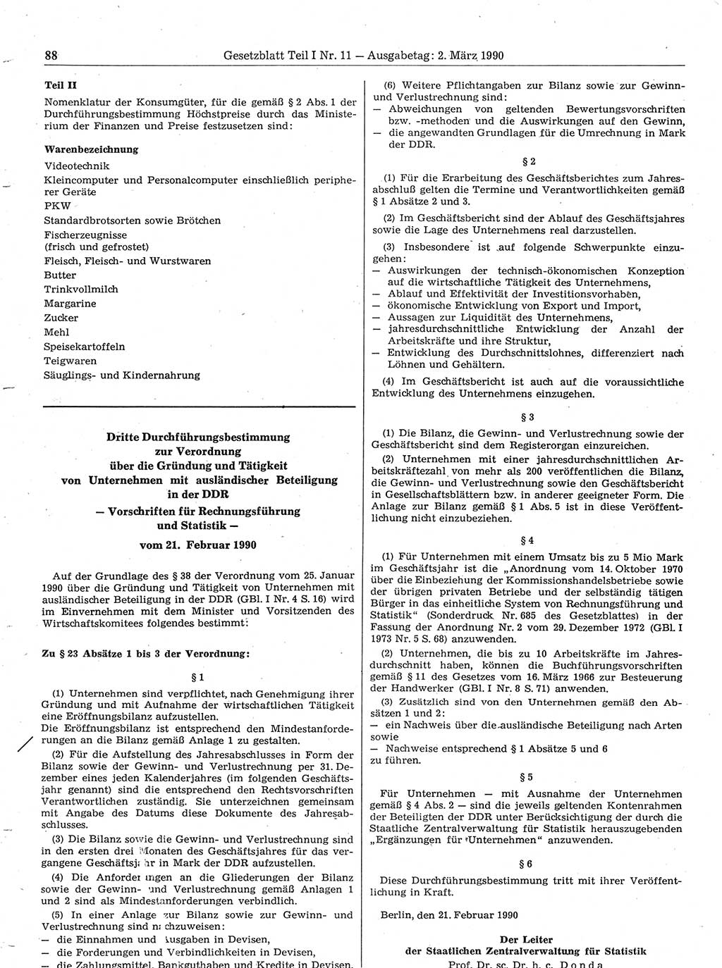 Gesetzblatt (GBl.) der Deutschen Demokratischen Republik (DDR) Teil Ⅰ 1990, Seite 88 (GBl. DDR Ⅰ 1990, S. 88)