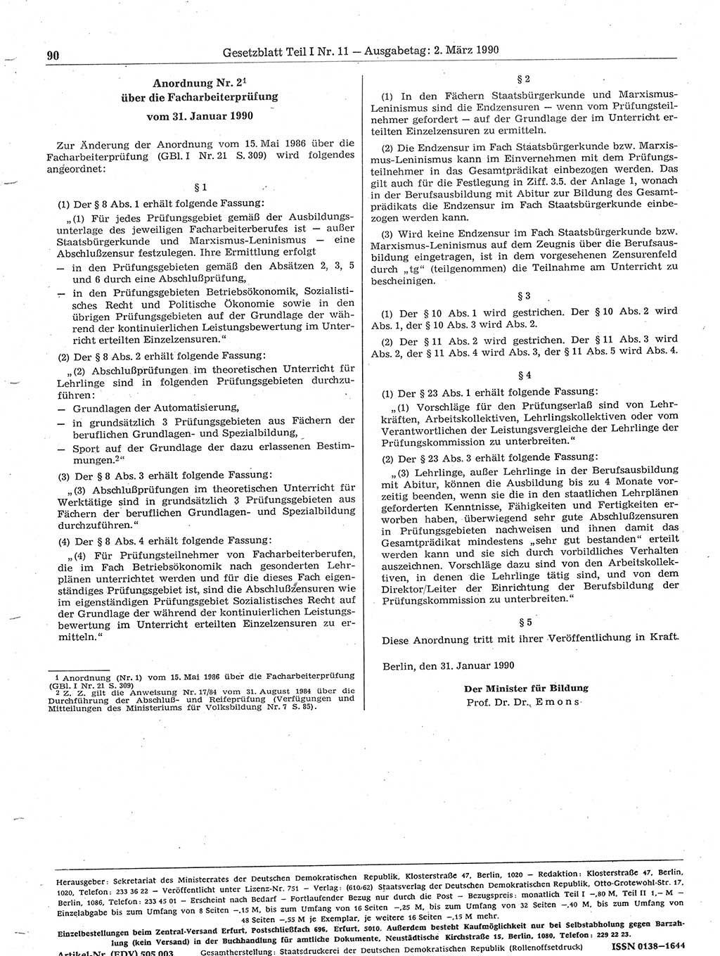 Gesetzblatt (GBl.) der Deutschen Demokratischen Republik (DDR) Teil Ⅰ 1990, Seite 90 (GBl. DDR Ⅰ 1990, S. 90)