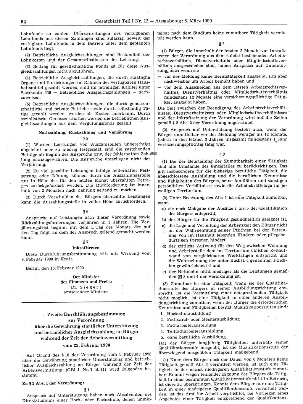 Gesetzblatt (GBl.) der Deutschen Demokratischen Republik (DDR) Teil Ⅰ 1990, Seite 94 (GBl. DDR Ⅰ 1990, S. 94)