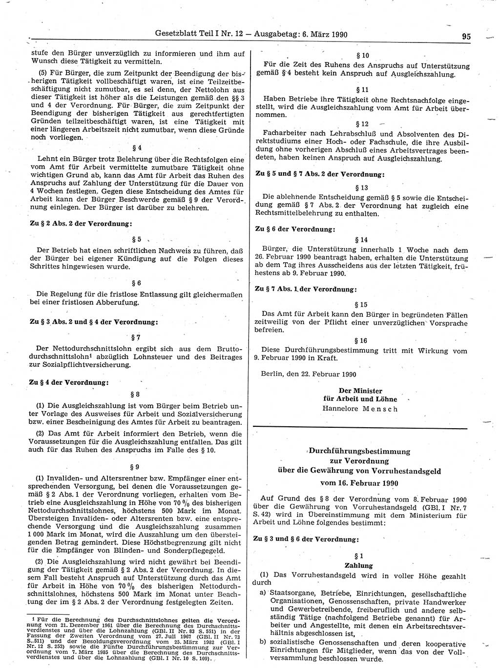 Gesetzblatt (GBl.) der Deutschen Demokratischen Republik (DDR) Teil Ⅰ 1990, Seite 95 (GBl. DDR Ⅰ 1990, S. 95)