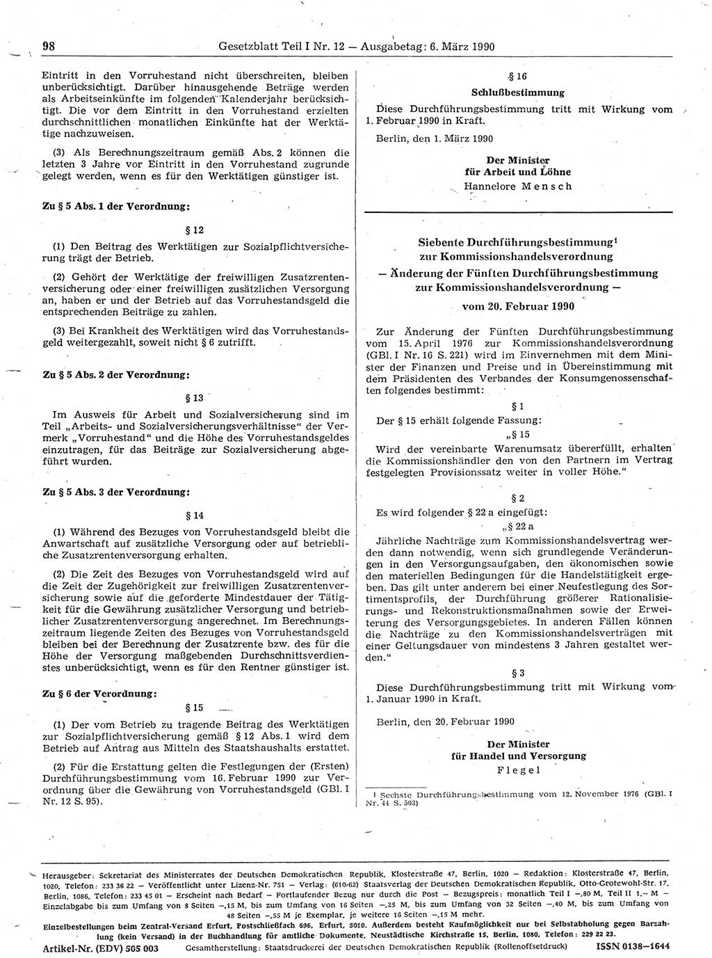 Gesetzblatt (GBl.) der Deutschen Demokratischen Republik (DDR) Teil Ⅰ 1990, Seite 98 (GBl. DDR Ⅰ 1990, S. 98)