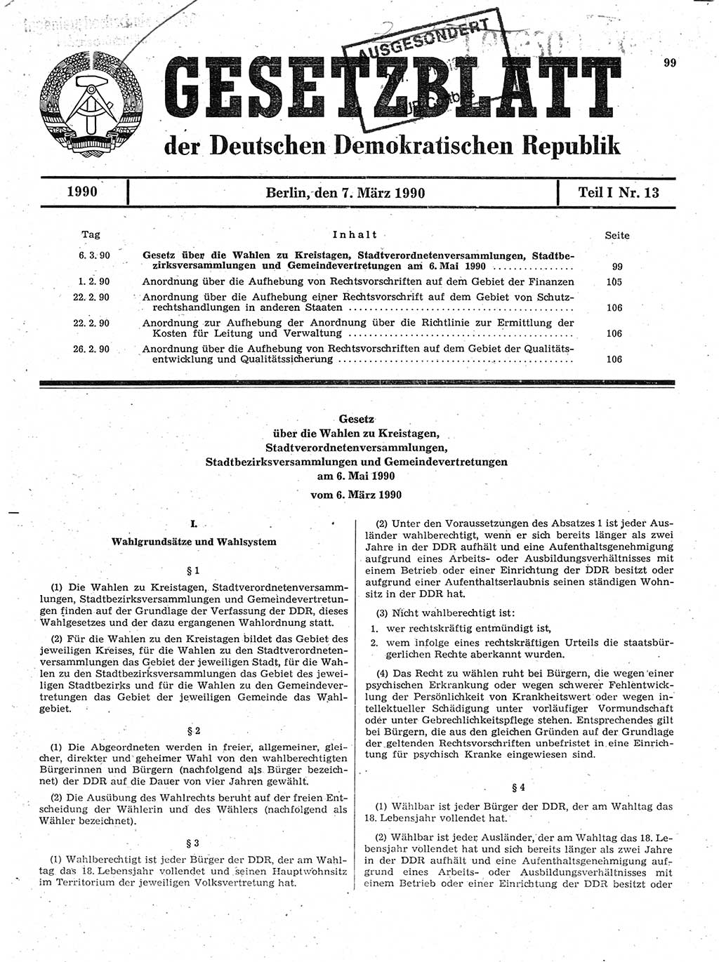 Gesetzblatt (GBl.) der Deutschen Demokratischen Republik (DDR) Teil Ⅰ 1990, Seite 99 (GBl. DDR Ⅰ 1990, S. 99)
