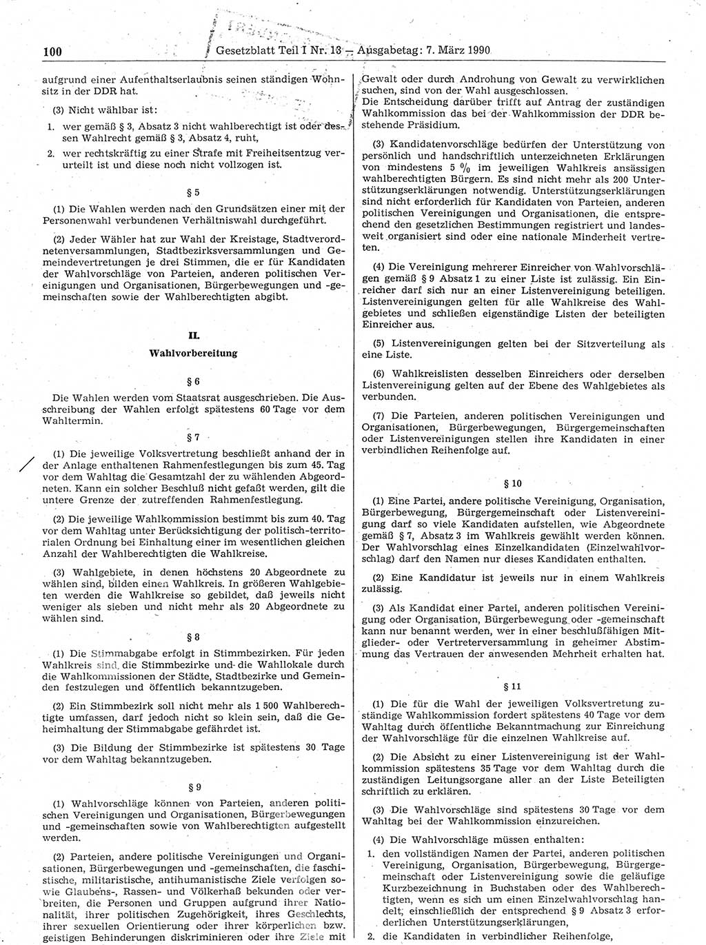 Gesetzblatt (GBl.) der Deutschen Demokratischen Republik (DDR) Teil Ⅰ 1990, Seite 100 (GBl. DDR Ⅰ 1990, S. 100)