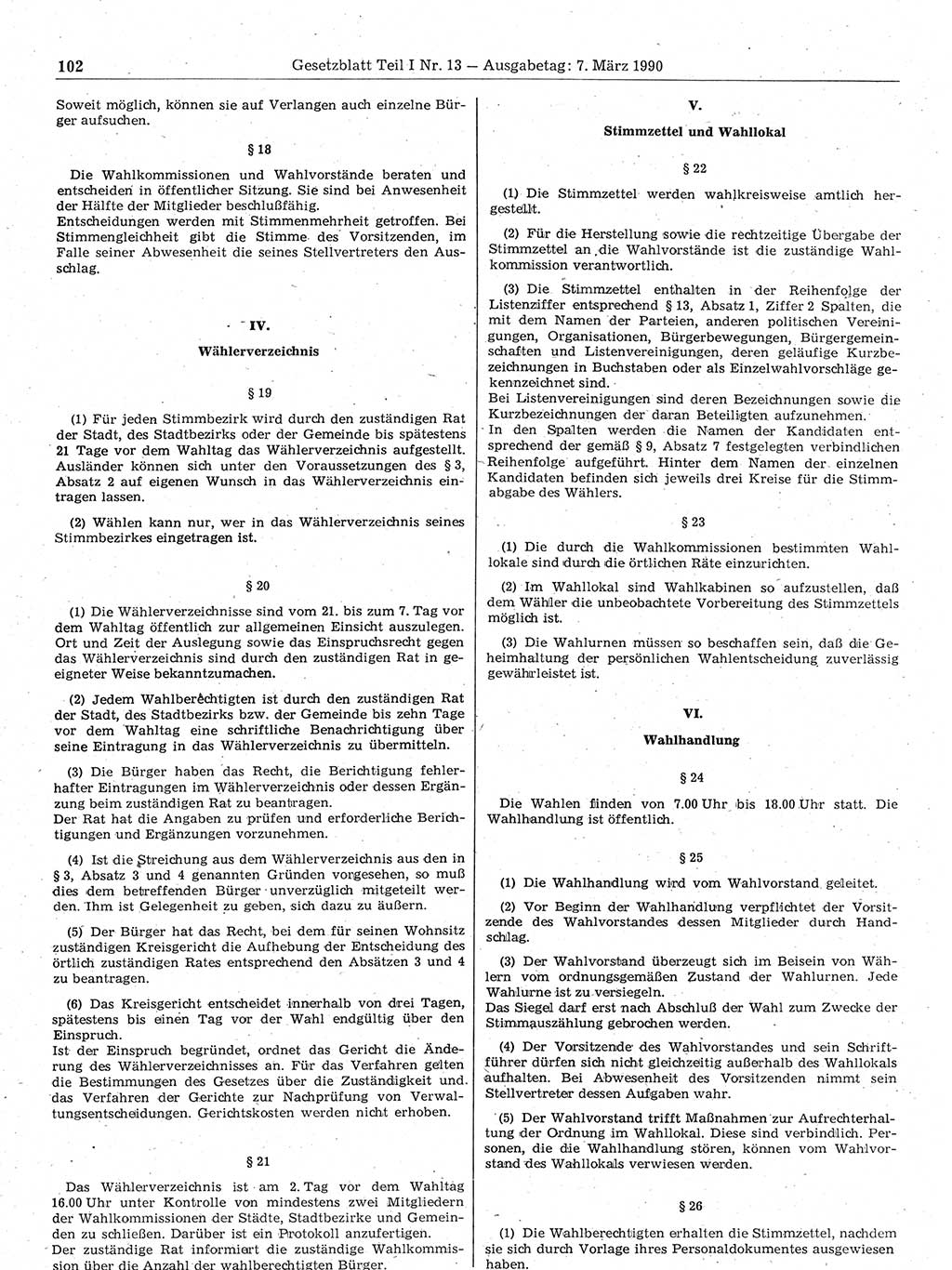 Gesetzblatt (GBl.) der Deutschen Demokratischen Republik (DDR) Teil Ⅰ 1990, Seite 102 (GBl. DDR Ⅰ 1990, S. 102)
