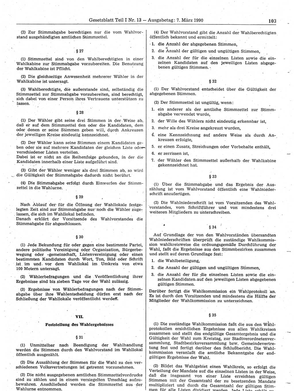 Gesetzblatt (GBl.) der Deutschen Demokratischen Republik (DDR) Teil Ⅰ 1990, Seite 103 (GBl. DDR Ⅰ 1990, S. 103)