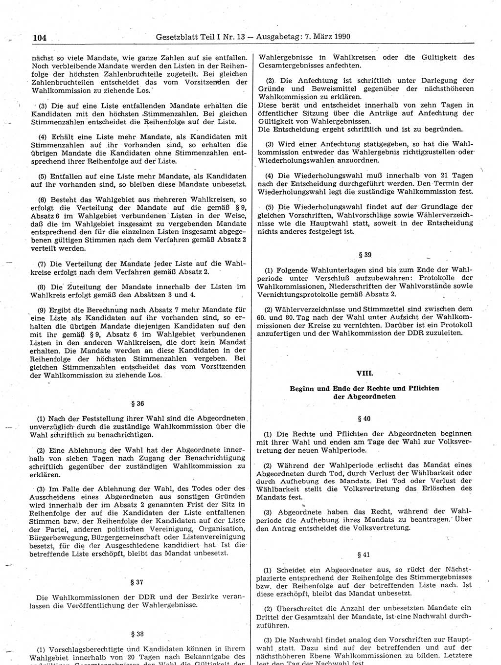 Gesetzblatt (GBl.) der Deutschen Demokratischen Republik (DDR) Teil Ⅰ 1990, Seite 104 (GBl. DDR Ⅰ 1990, S. 104)