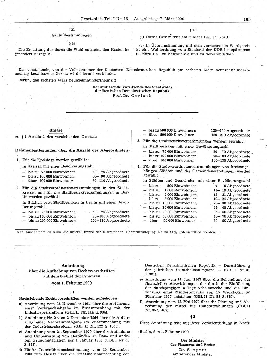 Gesetzblatt (GBl.) der Deutschen Demokratischen Republik (DDR) Teil Ⅰ 1990, Seite 105 (GBl. DDR Ⅰ 1990, S. 105)