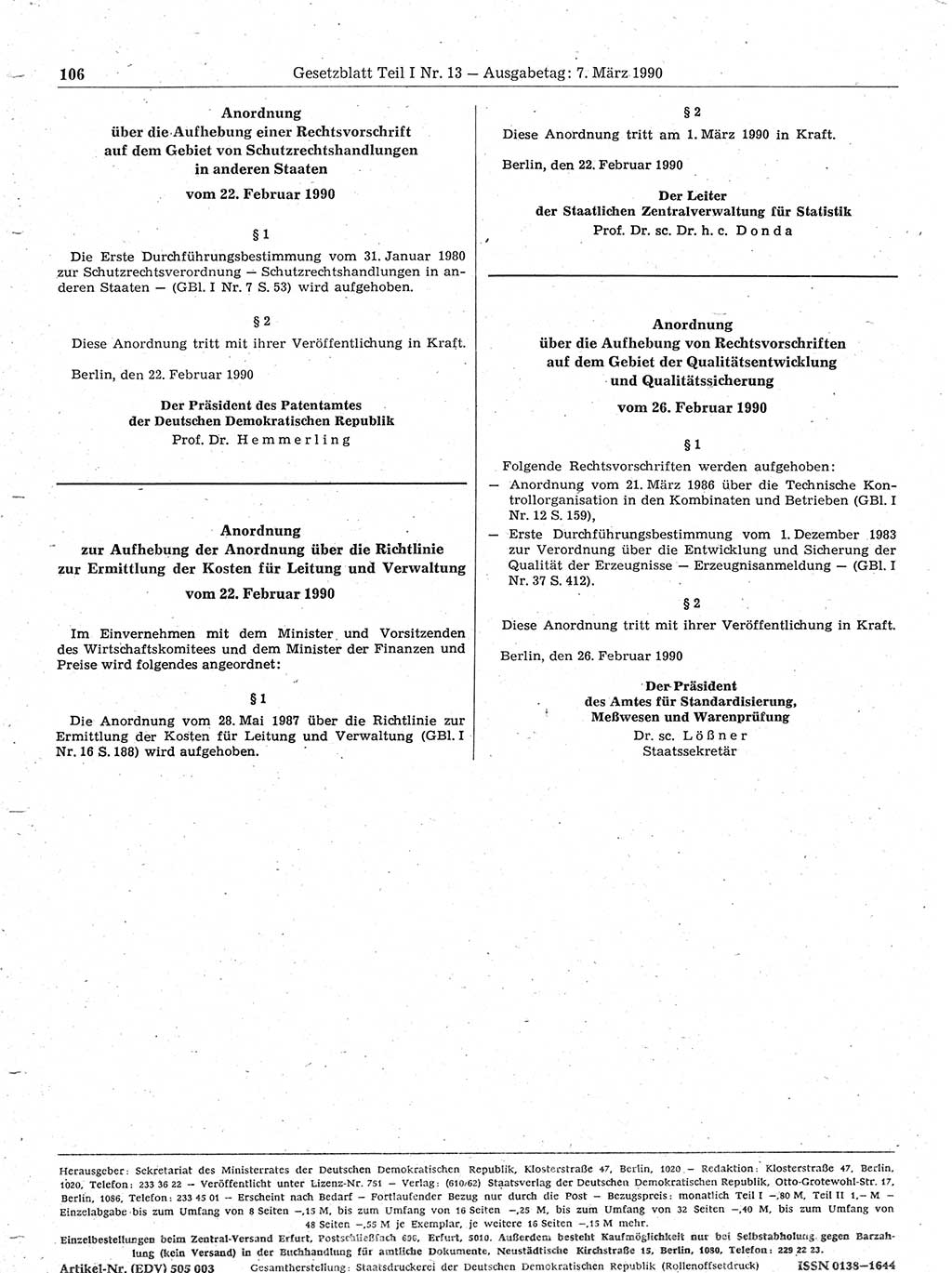 Gesetzblatt (GBl.) der Deutschen Demokratischen Republik (DDR) Teil Ⅰ 1990, Seite 106 (GBl. DDR Ⅰ 1990, S. 106)