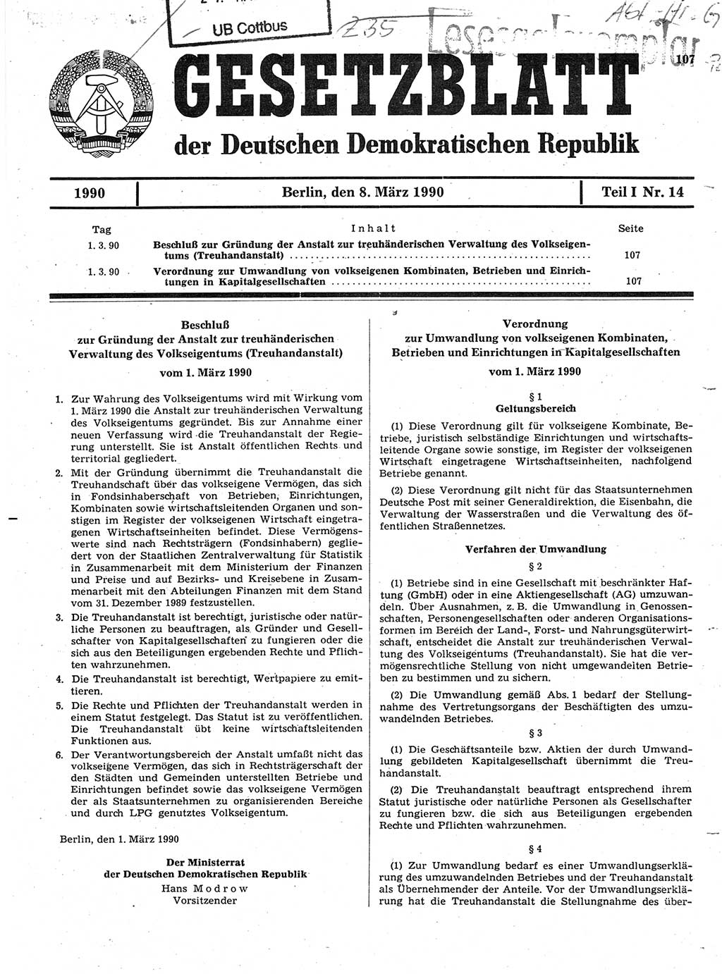 Gesetzblatt (GBl.) der Deutschen Demokratischen Republik (DDR) Teil Ⅰ 1990, Seite 107 (GBl. DDR Ⅰ 1990, S. 107)