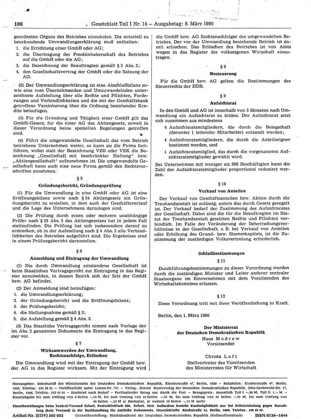 Gesetzblatt (GBl.) der Deutschen Demokratischen Republik (DDR) Teil Ⅰ 1990, Seite 108 (GBl. DDR Ⅰ 1990, S. 108)