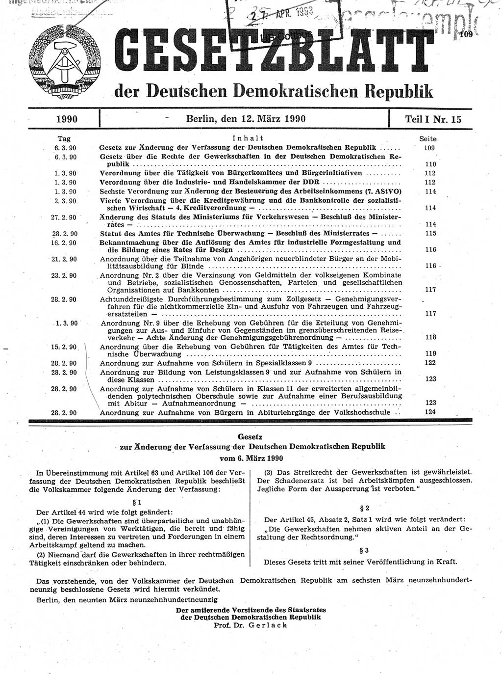 Gesetzblatt (GBl.) der Deutschen Demokratischen Republik (DDR) Teil Ⅰ 1990, Seite 109 (GBl. DDR Ⅰ 1990, S. 109)