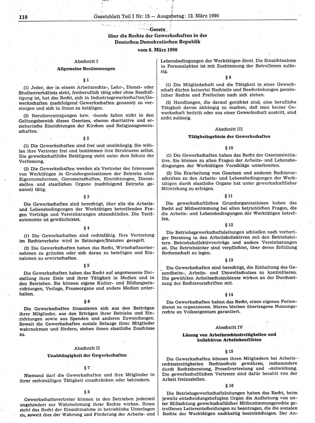 Gesetzblatt (GBl.) der Deutschen Demokratischen Republik (DDR) Teil Ⅰ 1990, Seite 110 (GBl. DDR Ⅰ 1990, S. 110)