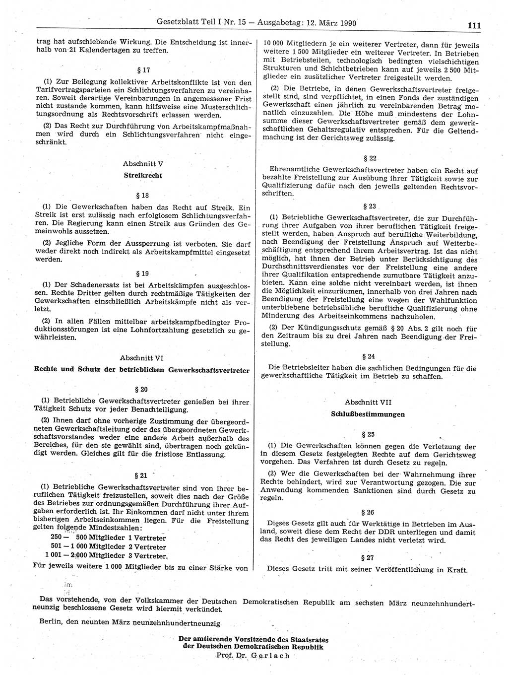Gesetzblatt (GBl.) der Deutschen Demokratischen Republik (DDR) Teil Ⅰ 1990, Seite 111 (GBl. DDR Ⅰ 1990, S. 111)