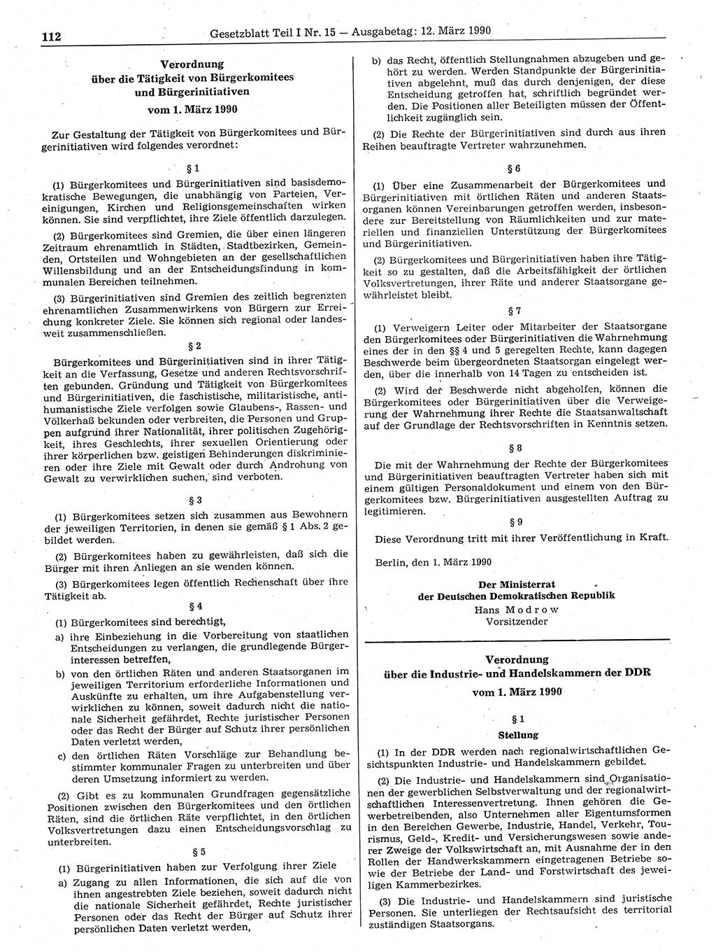 Gesetzblatt (GBl.) der Deutschen Demokratischen Republik (DDR) Teil Ⅰ 1990, Seite 112 (GBl. DDR Ⅰ 1990, S. 112)