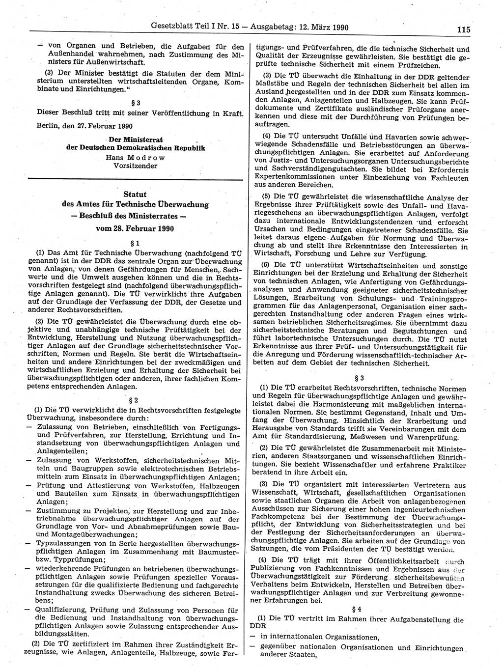 Gesetzblatt (GBl.) der Deutschen Demokratischen Republik (DDR) Teil Ⅰ 1990, Seite 115 (GBl. DDR Ⅰ 1990, S. 115)