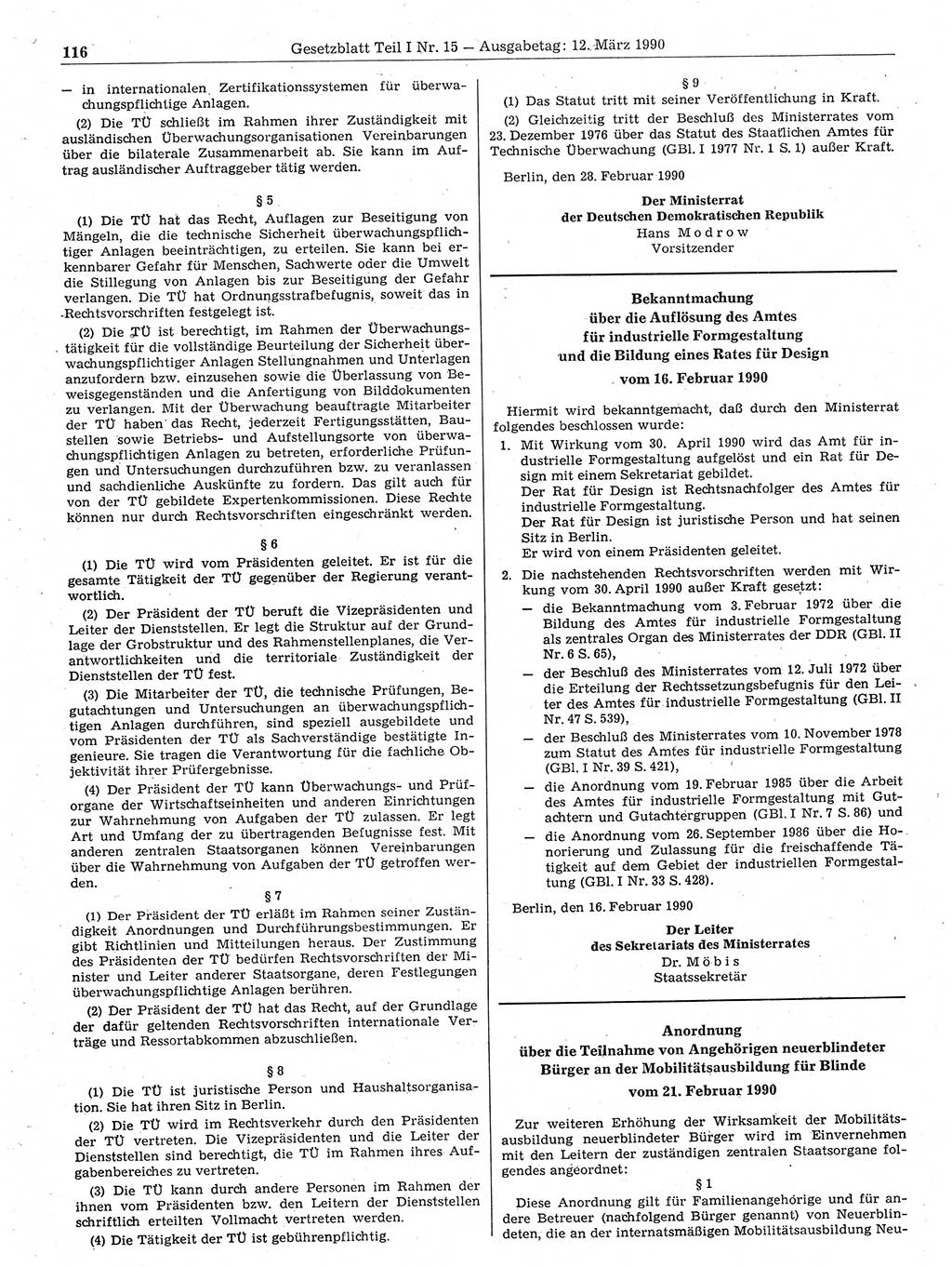 Gesetzblatt (GBl.) der Deutschen Demokratischen Republik (DDR) Teil Ⅰ 1990, Seite 116 (GBl. DDR Ⅰ 1990, S. 116)