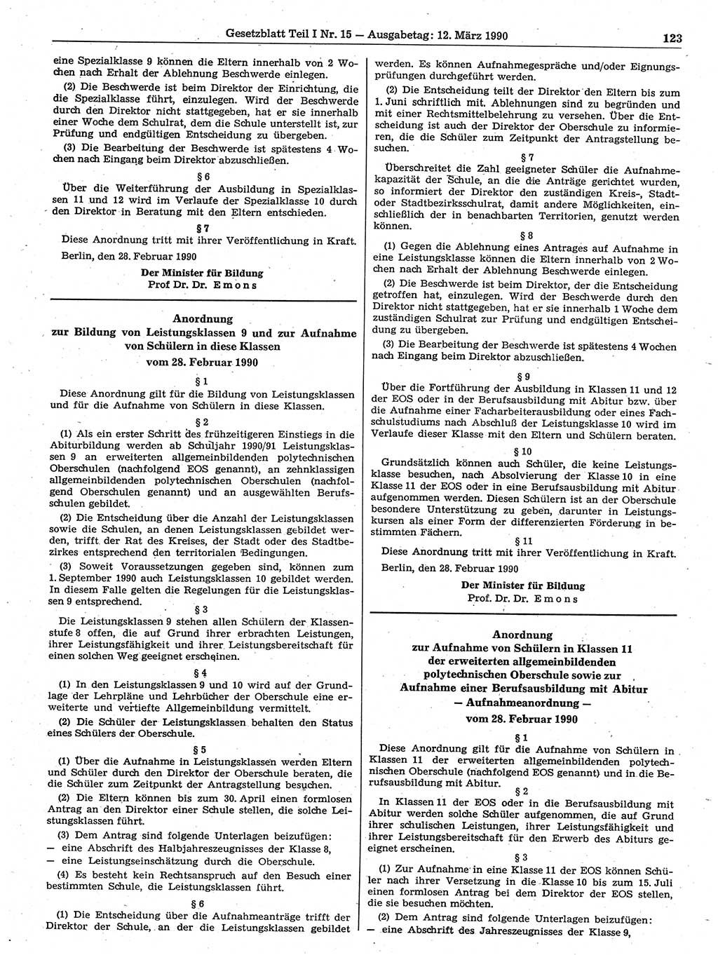 Gesetzblatt (GBl.) der Deutschen Demokratischen Republik (DDR) Teil Ⅰ 1990, Seite 123 (GBl. DDR Ⅰ 1990, S. 123)
