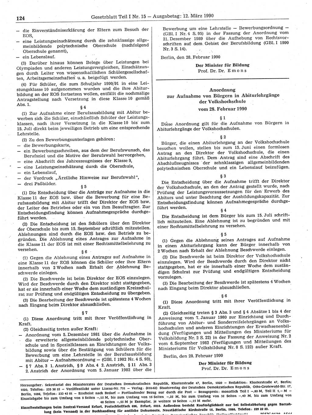 Gesetzblatt (GBl.) der Deutschen Demokratischen Republik (DDR) Teil Ⅰ 1990, Seite 124 (GBl. DDR Ⅰ 1990, S. 124)