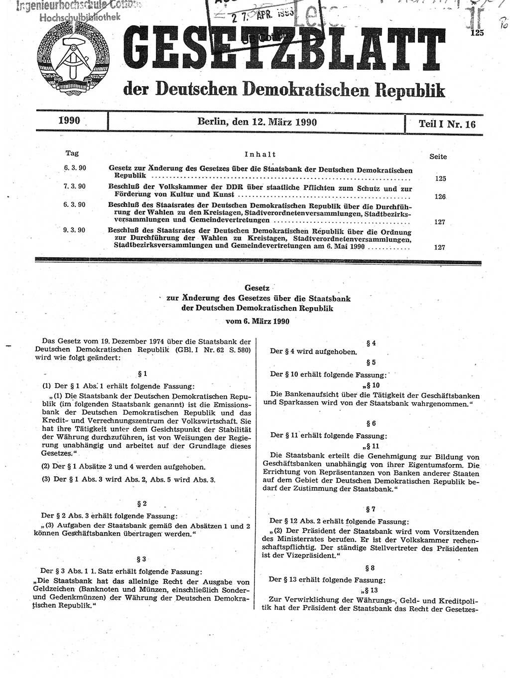 Gesetzblatt (GBl.) der Deutschen Demokratischen Republik (DDR) Teil Ⅰ 1990, Seite 125 (GBl. DDR Ⅰ 1990, S. 125)
