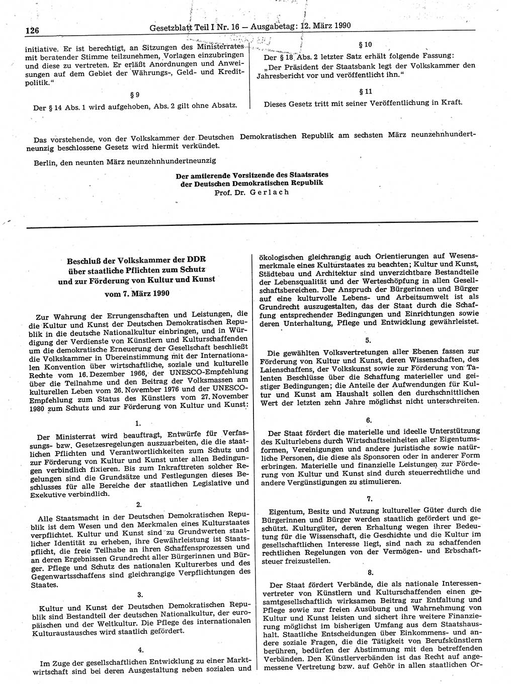 Gesetzblatt (GBl.) der Deutschen Demokratischen Republik (DDR) Teil Ⅰ 1990, Seite 126 (GBl. DDR Ⅰ 1990, S. 126)