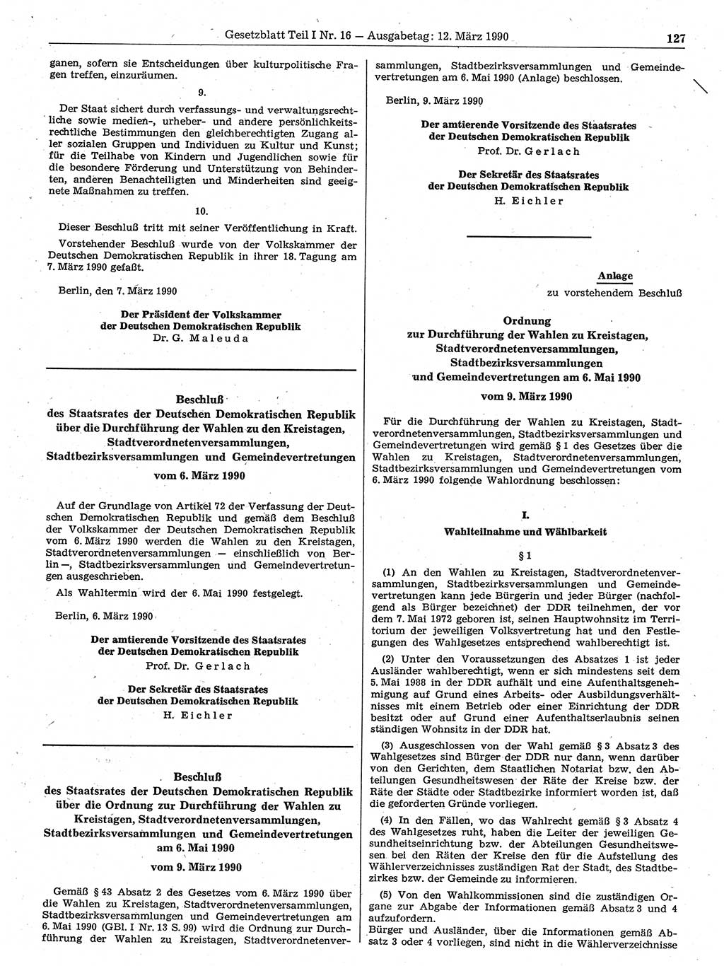Gesetzblatt (GBl.) der Deutschen Demokratischen Republik (DDR) Teil Ⅰ 1990, Seite 127 (GBl. DDR Ⅰ 1990, S. 127)