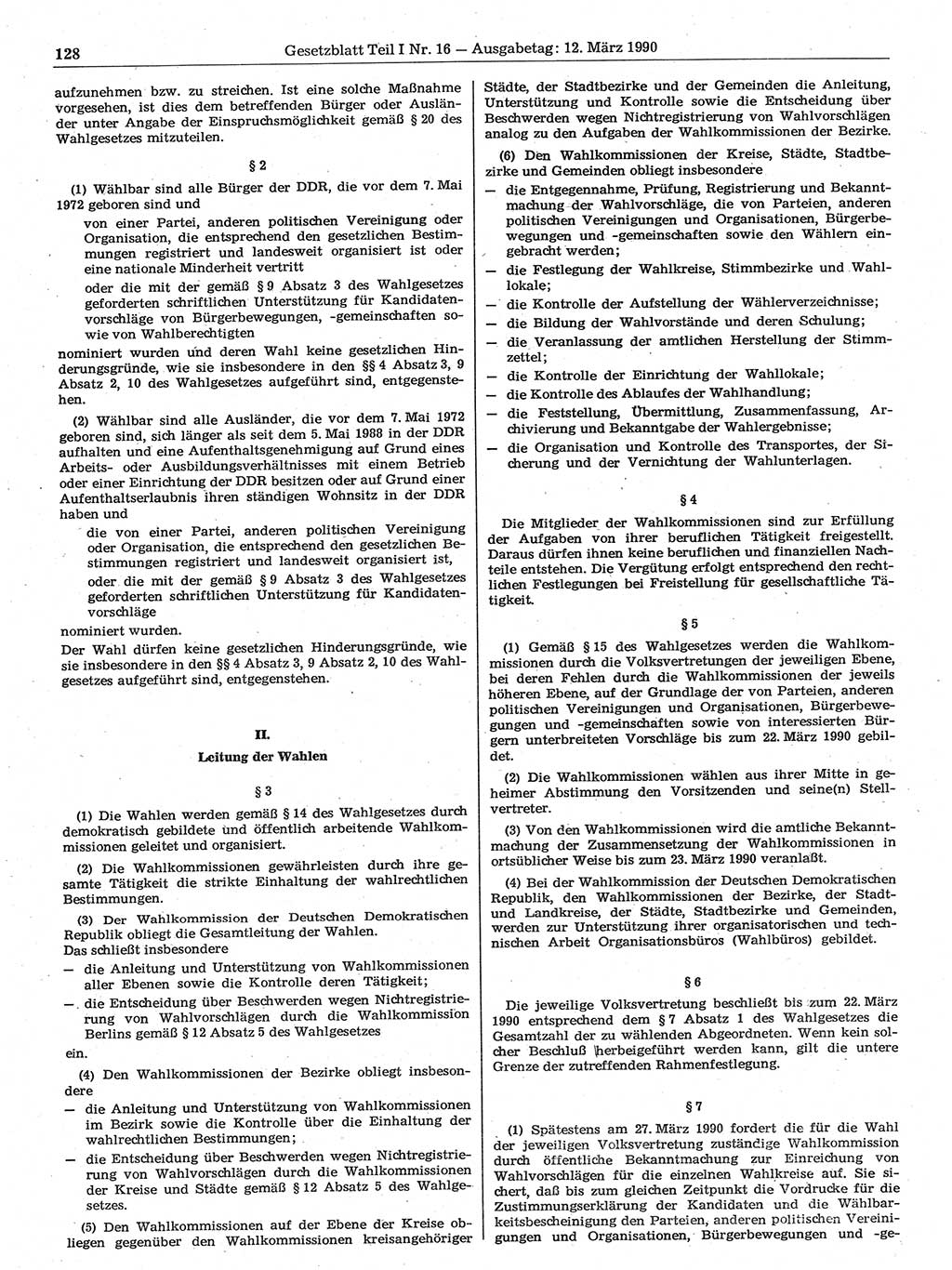 Gesetzblatt (GBl.) der Deutschen Demokratischen Republik (DDR) Teil Ⅰ 1990, Seite 128 (GBl. DDR Ⅰ 1990, S. 128)