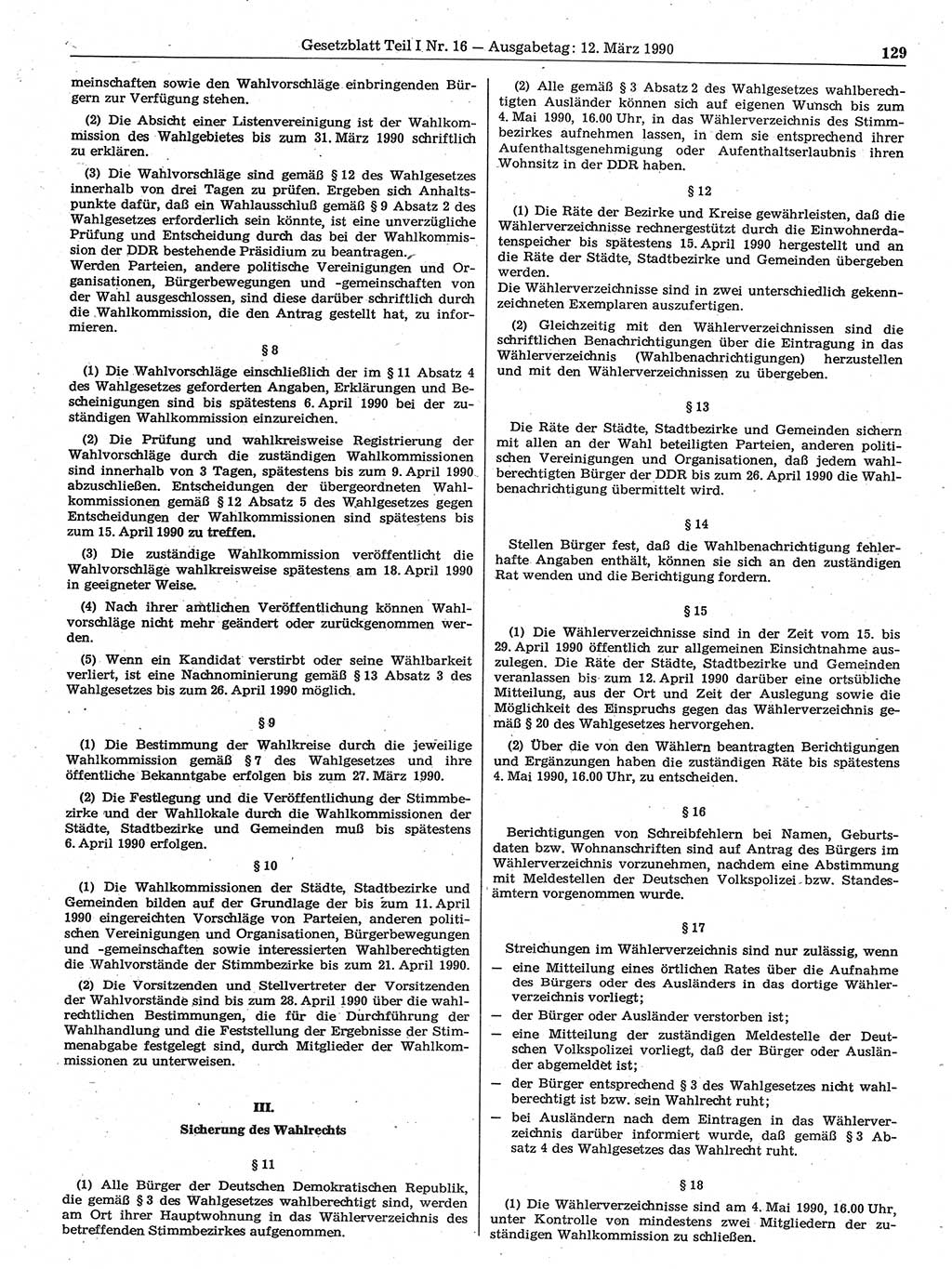 Gesetzblatt (GBl.) der Deutschen Demokratischen Republik (DDR) Teil Ⅰ 1990, Seite 129 (GBl. DDR Ⅰ 1990, S. 129)