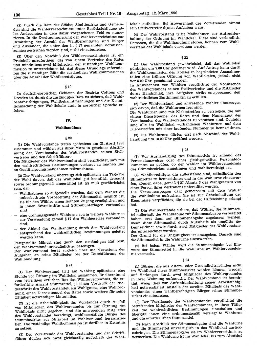 Gesetzblatt (GBl.) der Deutschen Demokratischen Republik (DDR) Teil Ⅰ 1990, Seite 130 (GBl. DDR Ⅰ 1990, S. 130)