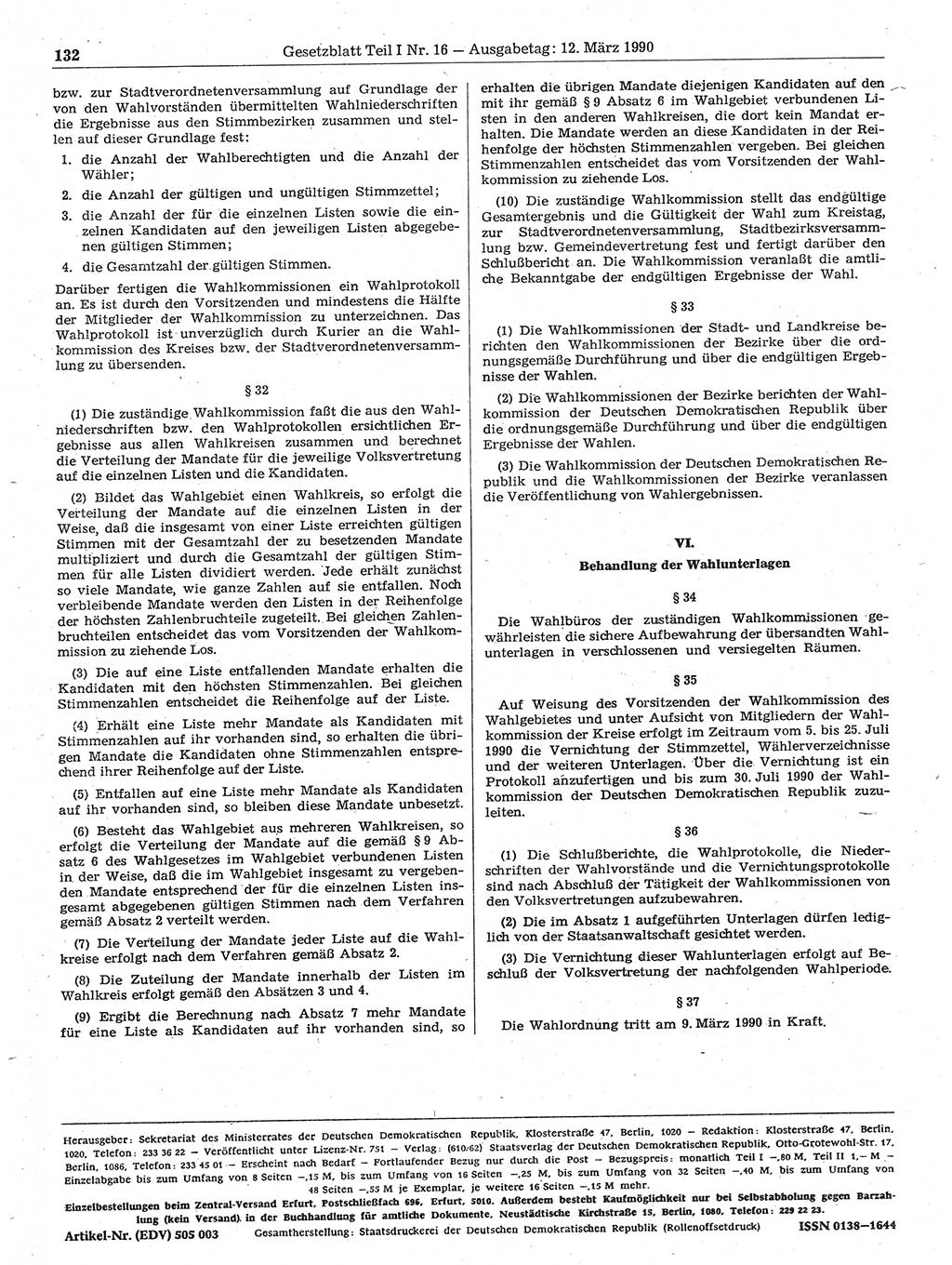 Gesetzblatt (GBl.) der Deutschen Demokratischen Republik (DDR) Teil Ⅰ 1990, Seite 132 (GBl. DDR Ⅰ 1990, S. 132)