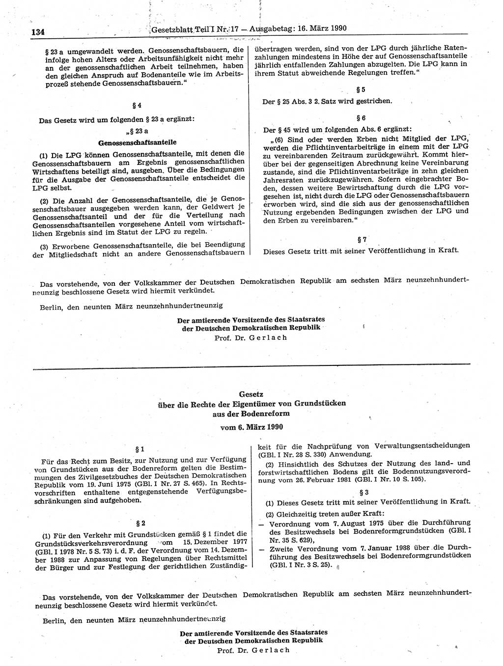 Gesetzblatt (GBl.) der Deutschen Demokratischen Republik (DDR) Teil Ⅰ 1990, Seite 134 (GBl. DDR Ⅰ 1990, S. 134)