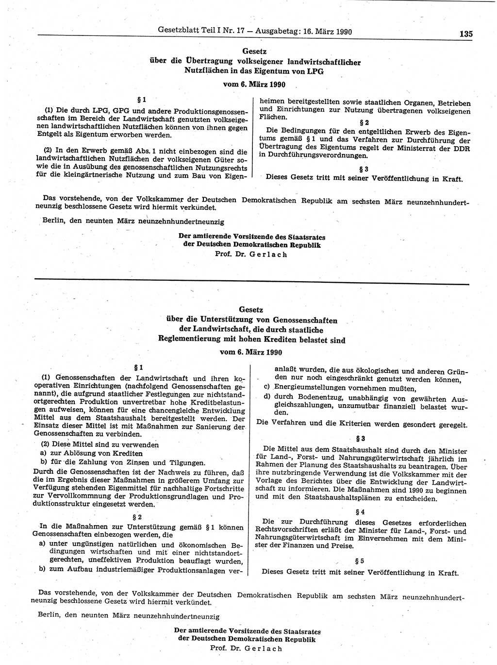 Gesetzblatt (GBl.) der Deutschen Demokratischen Republik (DDR) Teil Ⅰ 1990, Seite 135 (GBl. DDR Ⅰ 1990, S. 135)