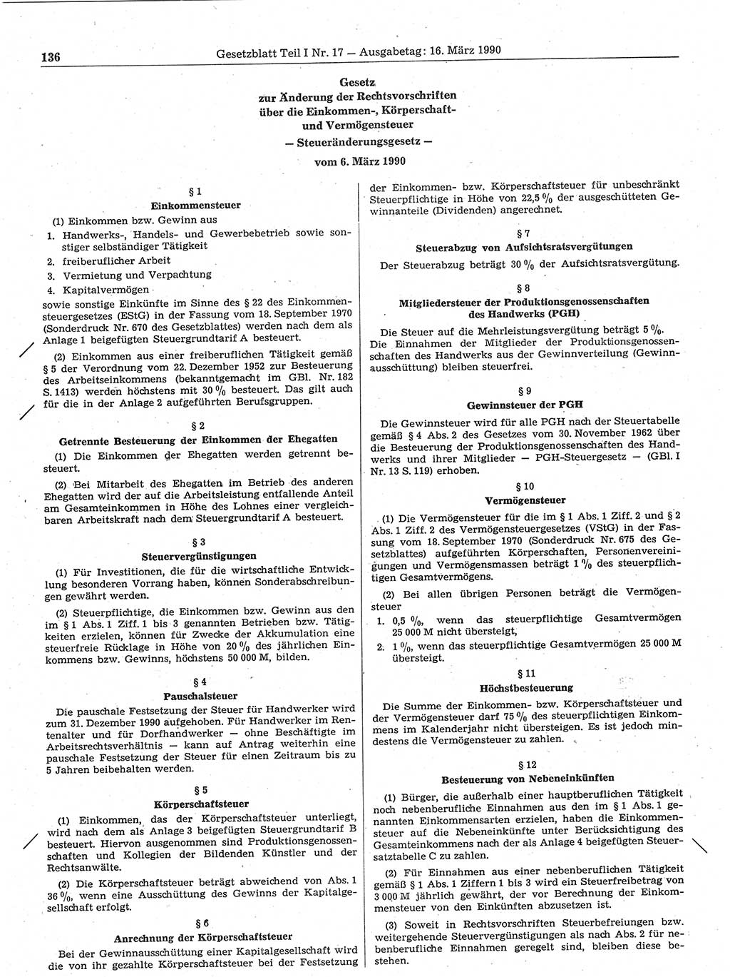 Gesetzblatt (GBl.) der Deutschen Demokratischen Republik (DDR) Teil Ⅰ 1990, Seite 136 (GBl. DDR Ⅰ 1990, S. 136)
