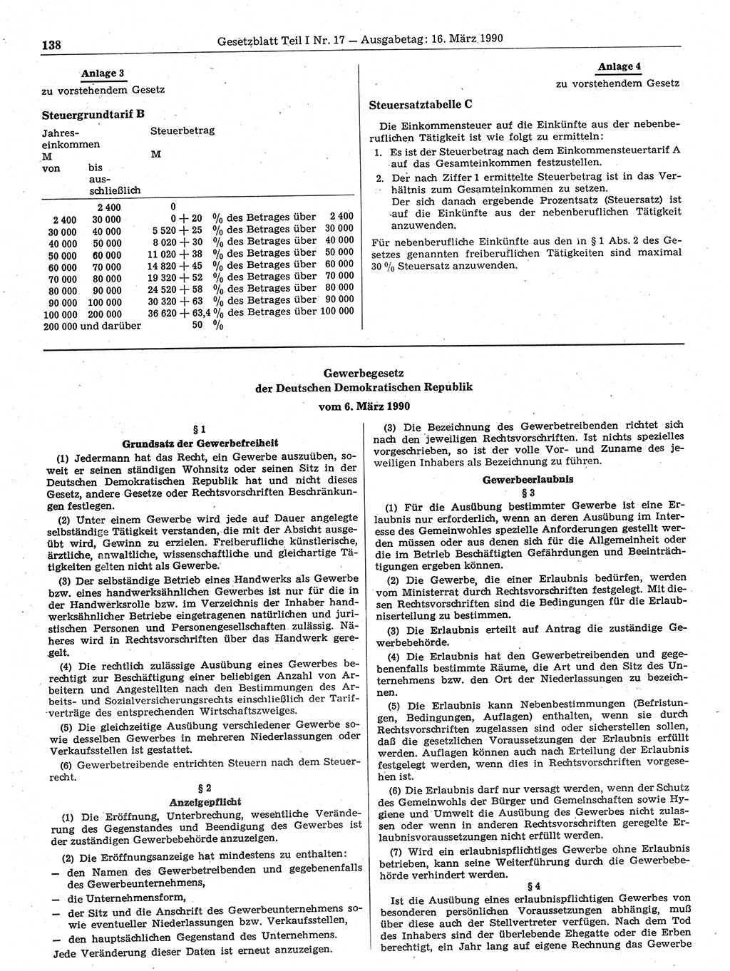 Gesetzblatt (GBl.) der Deutschen Demokratischen Republik (DDR) Teil Ⅰ 1990, Seite 138 (GBl. DDR Ⅰ 1990, S. 138)