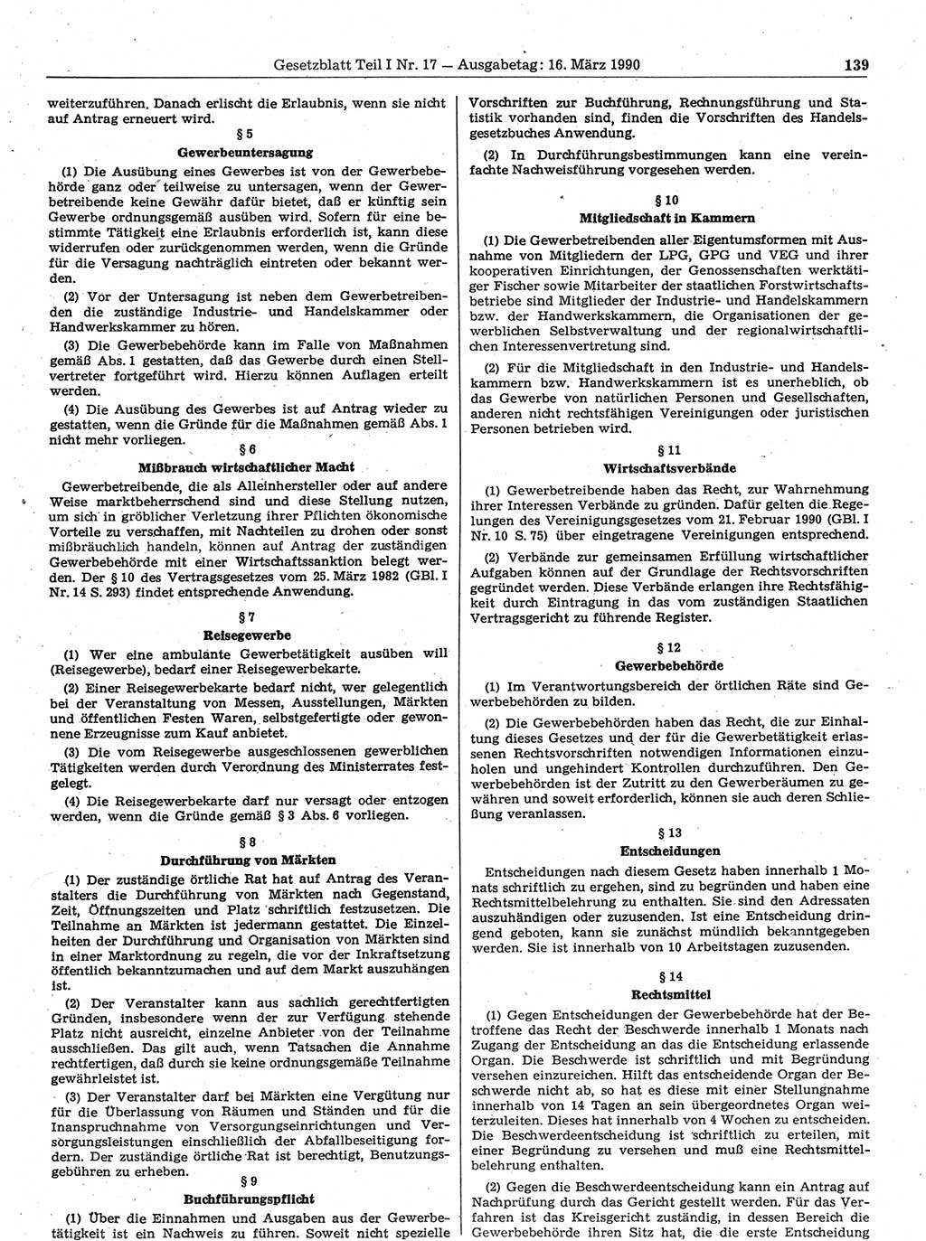 Gesetzblatt (GBl.) der Deutschen Demokratischen Republik (DDR) Teil Ⅰ 1990, Seite 139 (GBl. DDR Ⅰ 1990, S. 139)