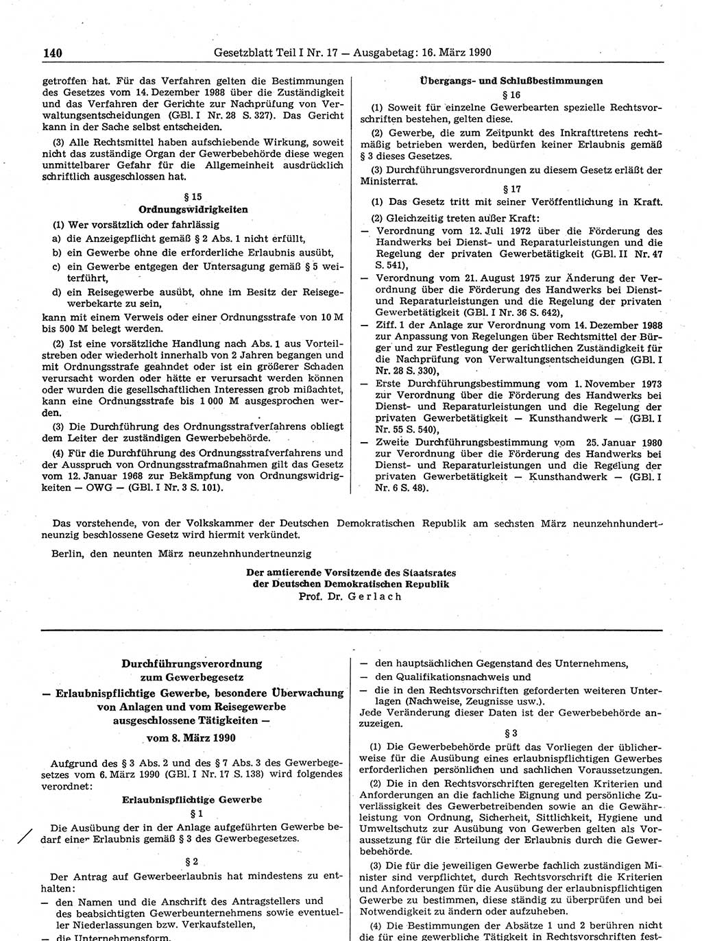 Gesetzblatt (GBl.) der Deutschen Demokratischen Republik (DDR) Teil Ⅰ 1990, Seite 140 (GBl. DDR Ⅰ 1990, S. 140)